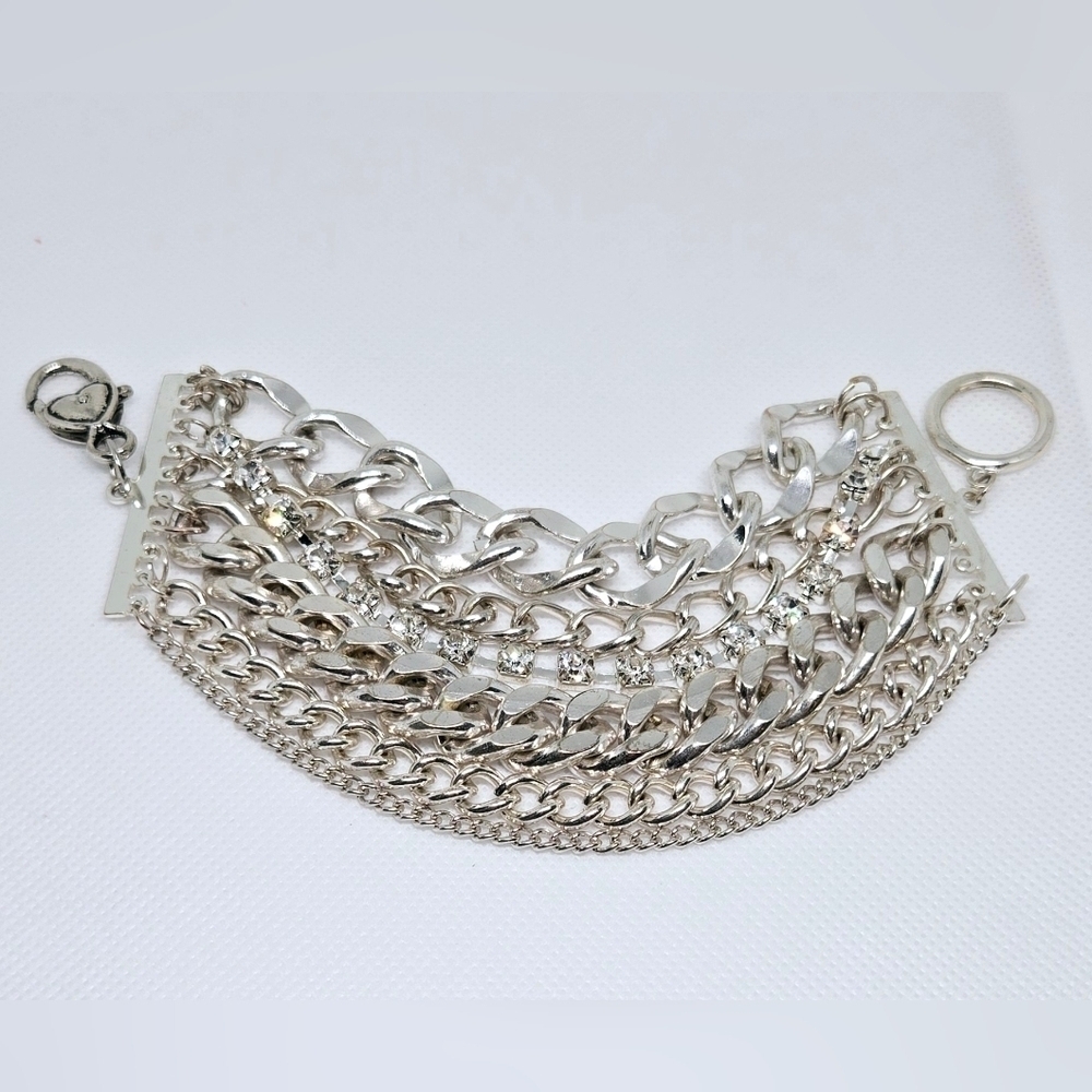 Silver Multi Strand Chain Bracelet Rhinestone Chunky Statement - Picture 2 of 6